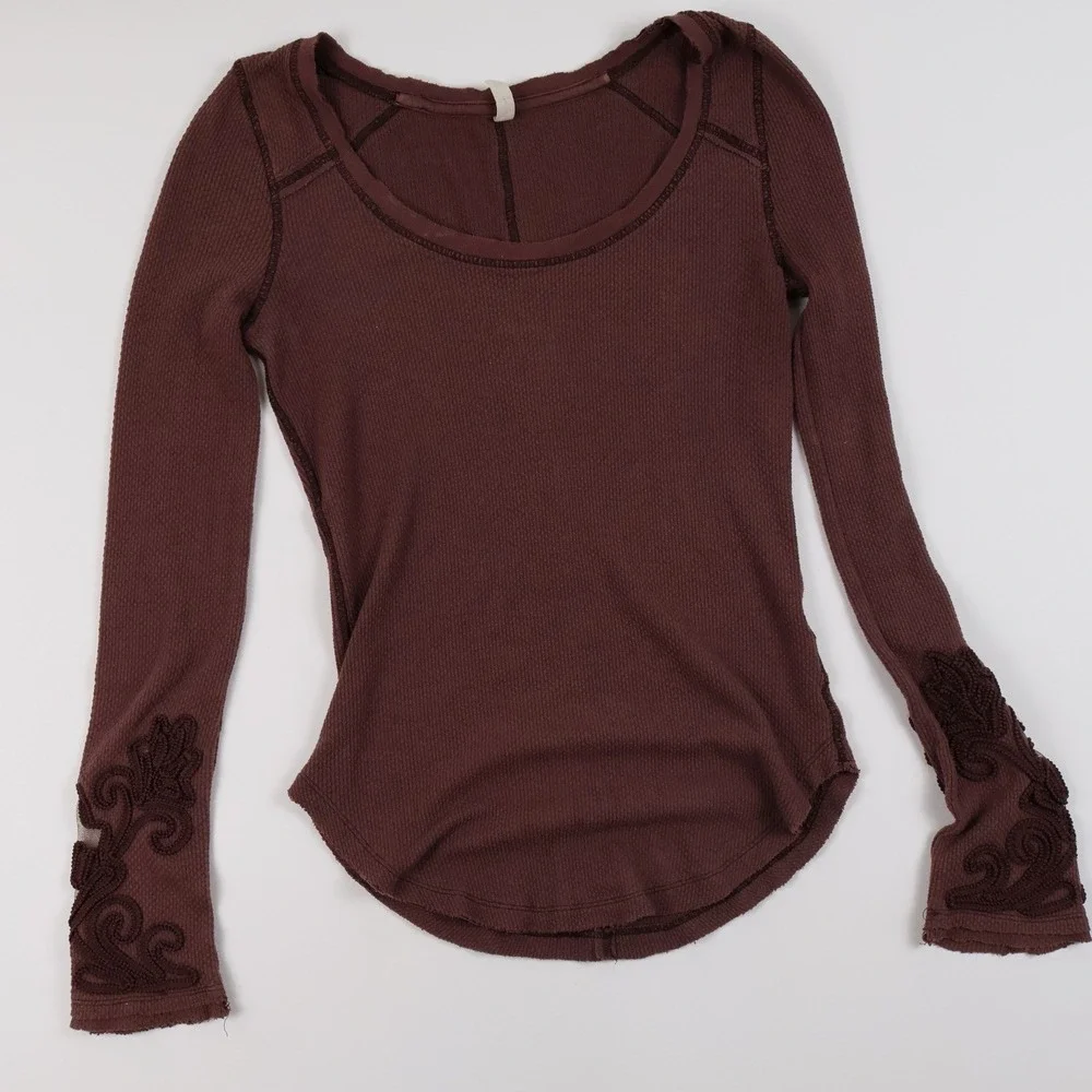 Free People Thermal Top Embroidered Cuff Brown Waffle Knit S Small